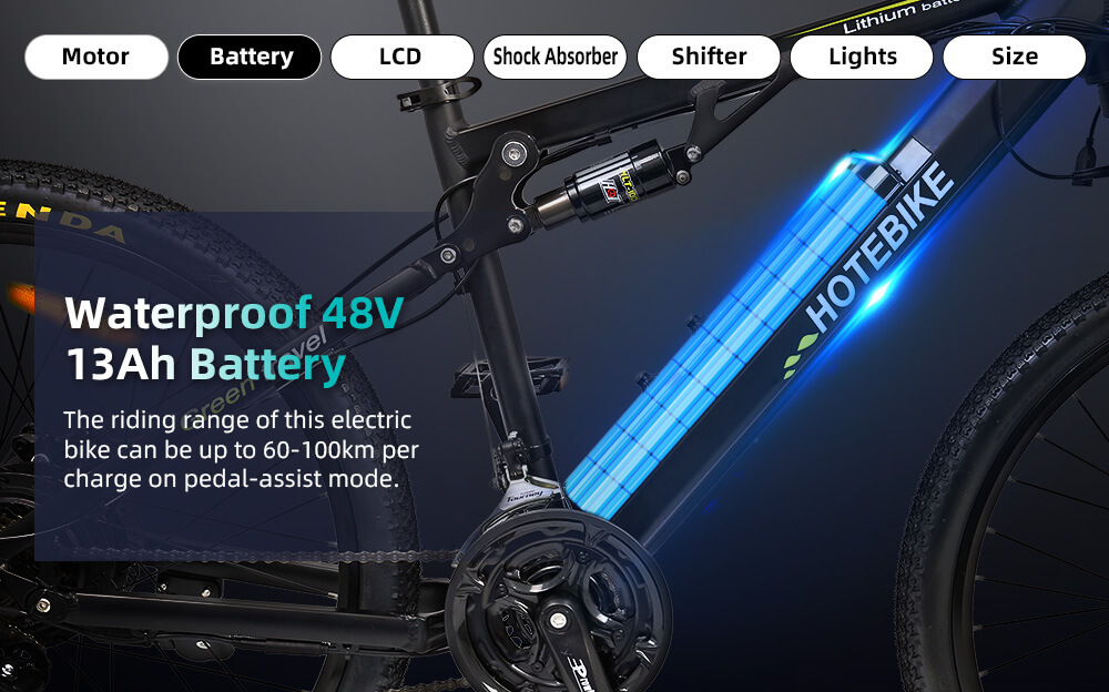 HOTEBIKE Volledig geveerde elektrische mountainbike – 500W motor, 48V 13Ah accu, Shimano 21-versnellingen - Elektrische Fiets Europa - 3